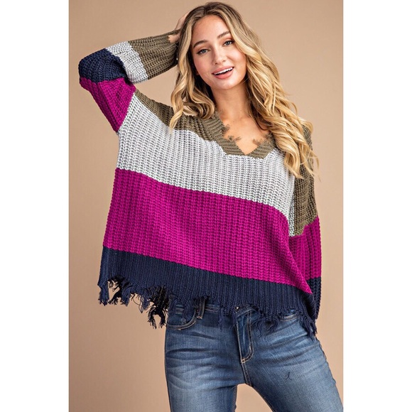 likeNarly Sweaters - Kara Distressed Chunky Knit Sweater - Magenta